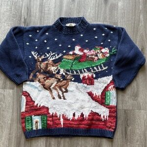 Tiara International Vintage Ugly Christmas Sweater Santa Sleigh Reindeer Navy M